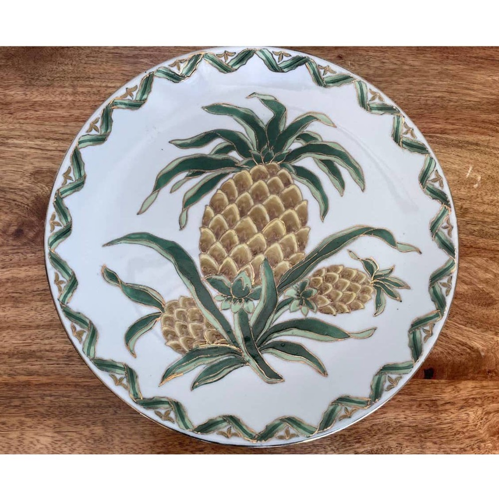 Rare Decorative Pineapple Platter, Wall Decor White Green Brown Gold Accents